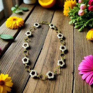 White Flower Necklace, Carved Magnasite, Honey Bee Collection